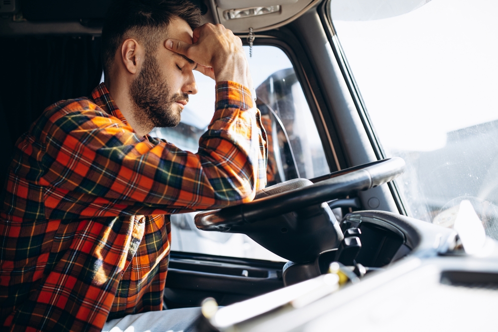 A trucker who just got scammed is sitting in his truck, visibly upset.